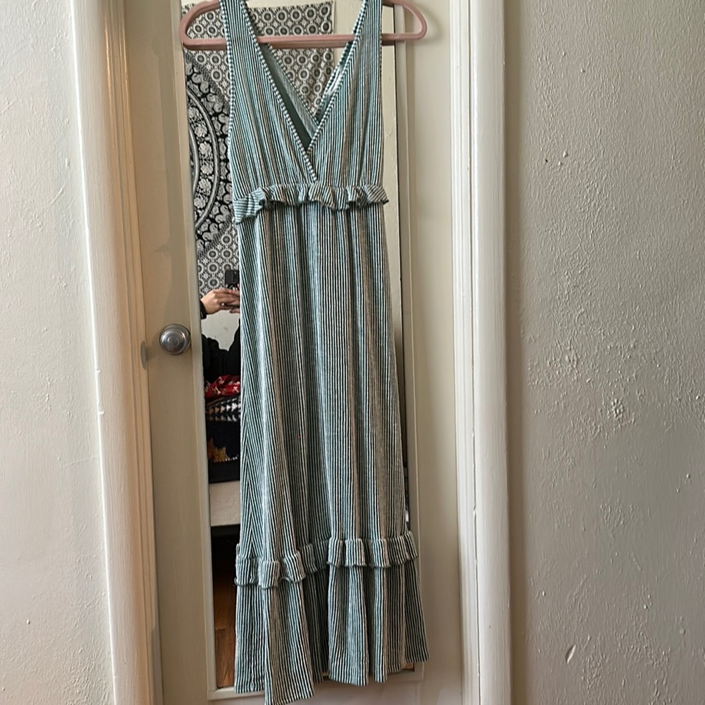 Green and White Striped Floor Length Halter Dress
